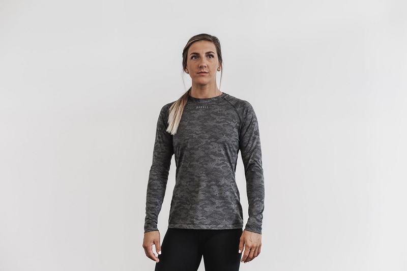 Black Nobull WoLightweight Textured Tee (CAMO) Women's Long Sleeve | CA I2200L